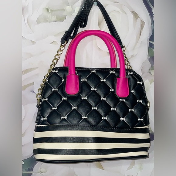 Luv Betsey Johnson Quilted Dome Satchel Triple Handle Crossbody Black White Pink - Picture 4 of 7